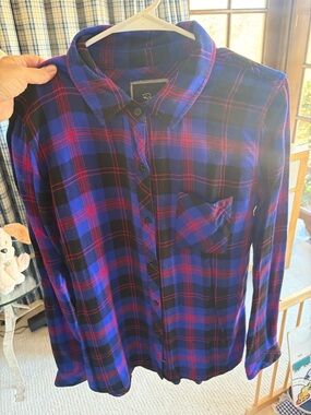 Rails Blue and Black Plaid Button-Down Shirt with Red Accents